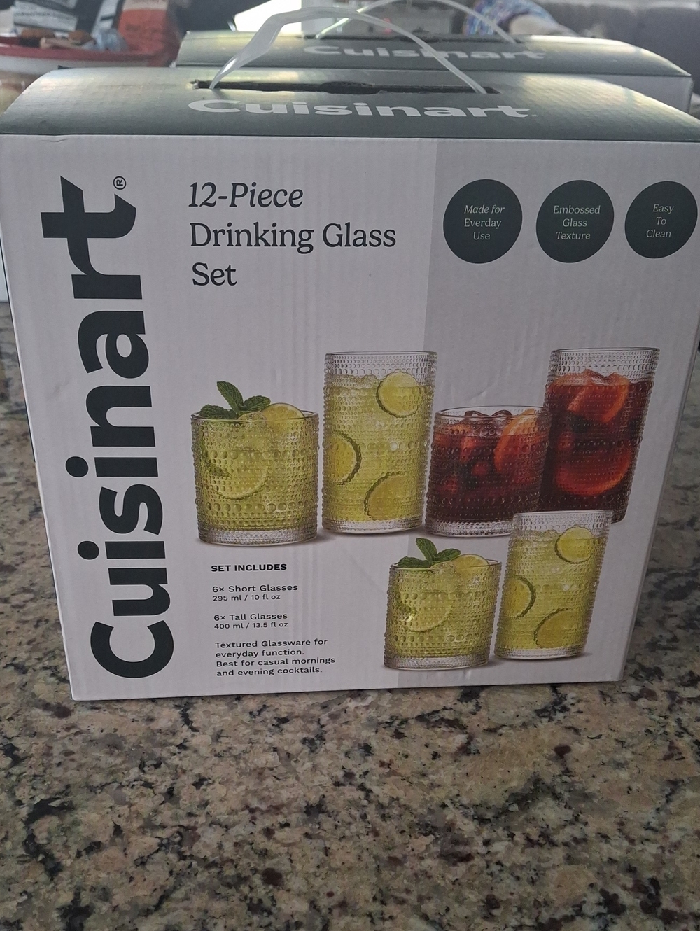 Cuisinart Textured Drinking Glass Set with Clear and Lime-Green Accent